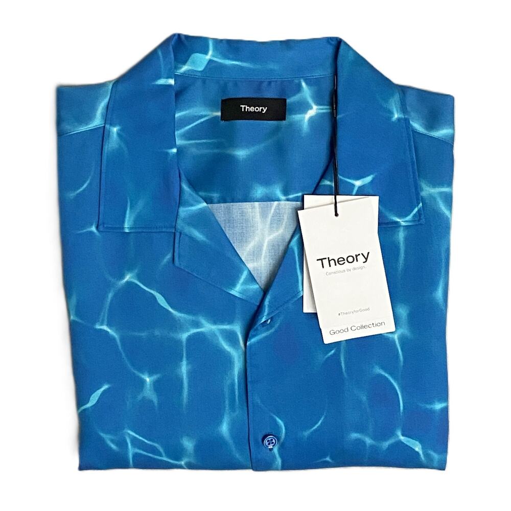 Theory Shirt Men's Medium Short Sleeve Shirt Camp Collar Blue Ripple Print NEW